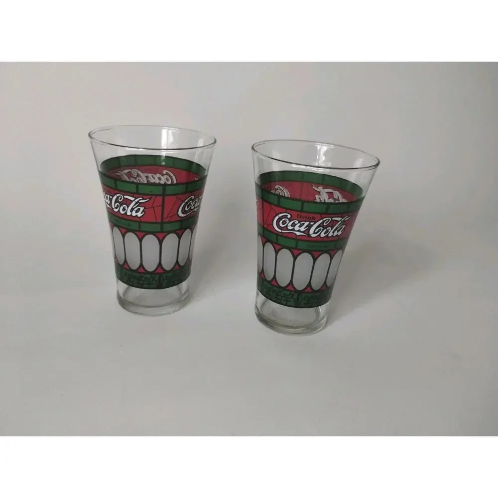 Vintage Collectible Coca Cola Glass Set of 2 Red Green White 5 and 1/2